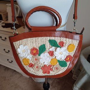 Patricia Nash Ossi Raffia & Leather Crochet Flower Satchel Crossbody Bag
